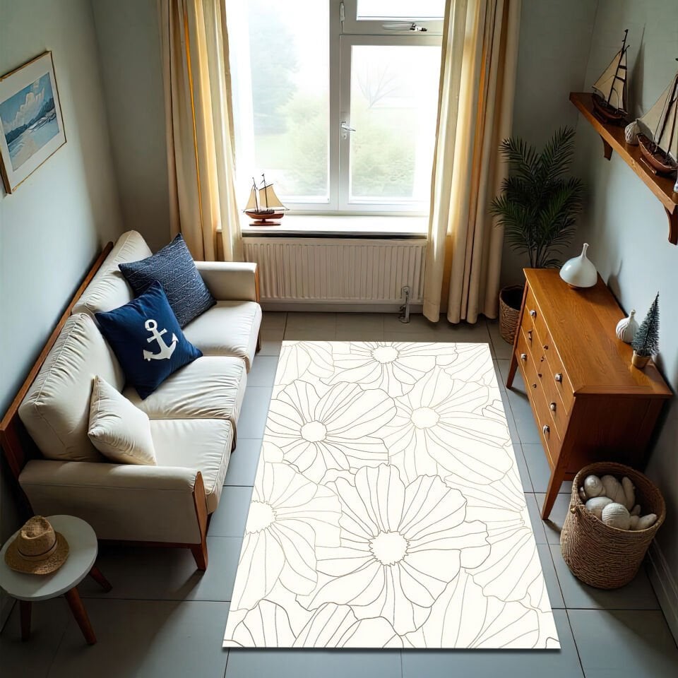 Minimalist Floral Line Art Rug – Elegant Cream Area Carpet