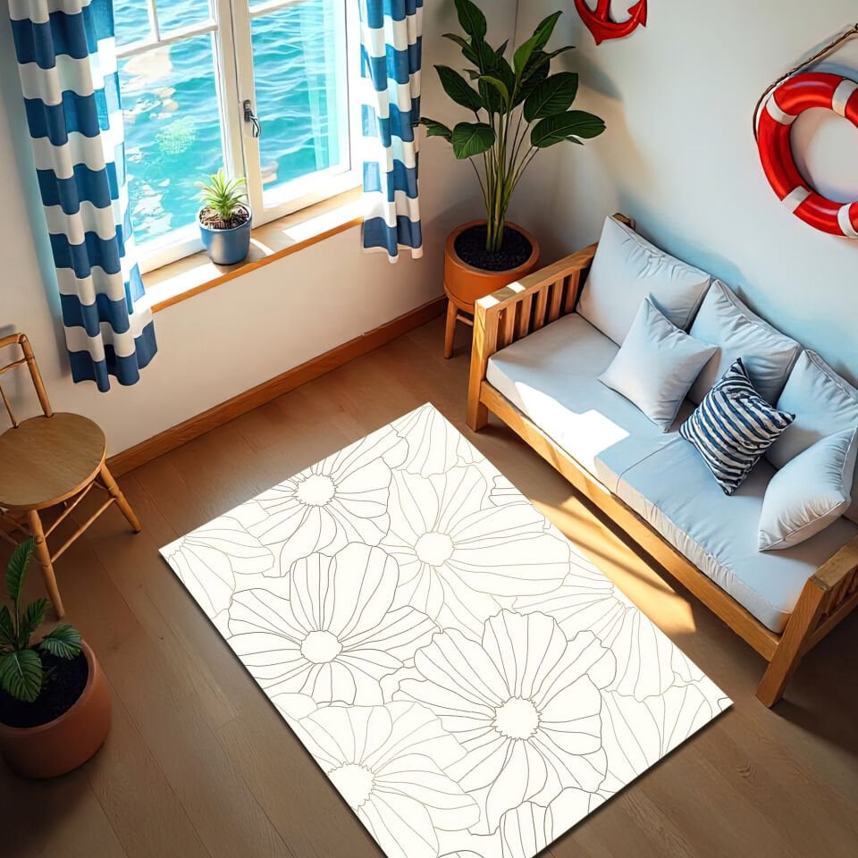 Minimalist Floral Line Art Rug – Elegant Cream Area Carpet