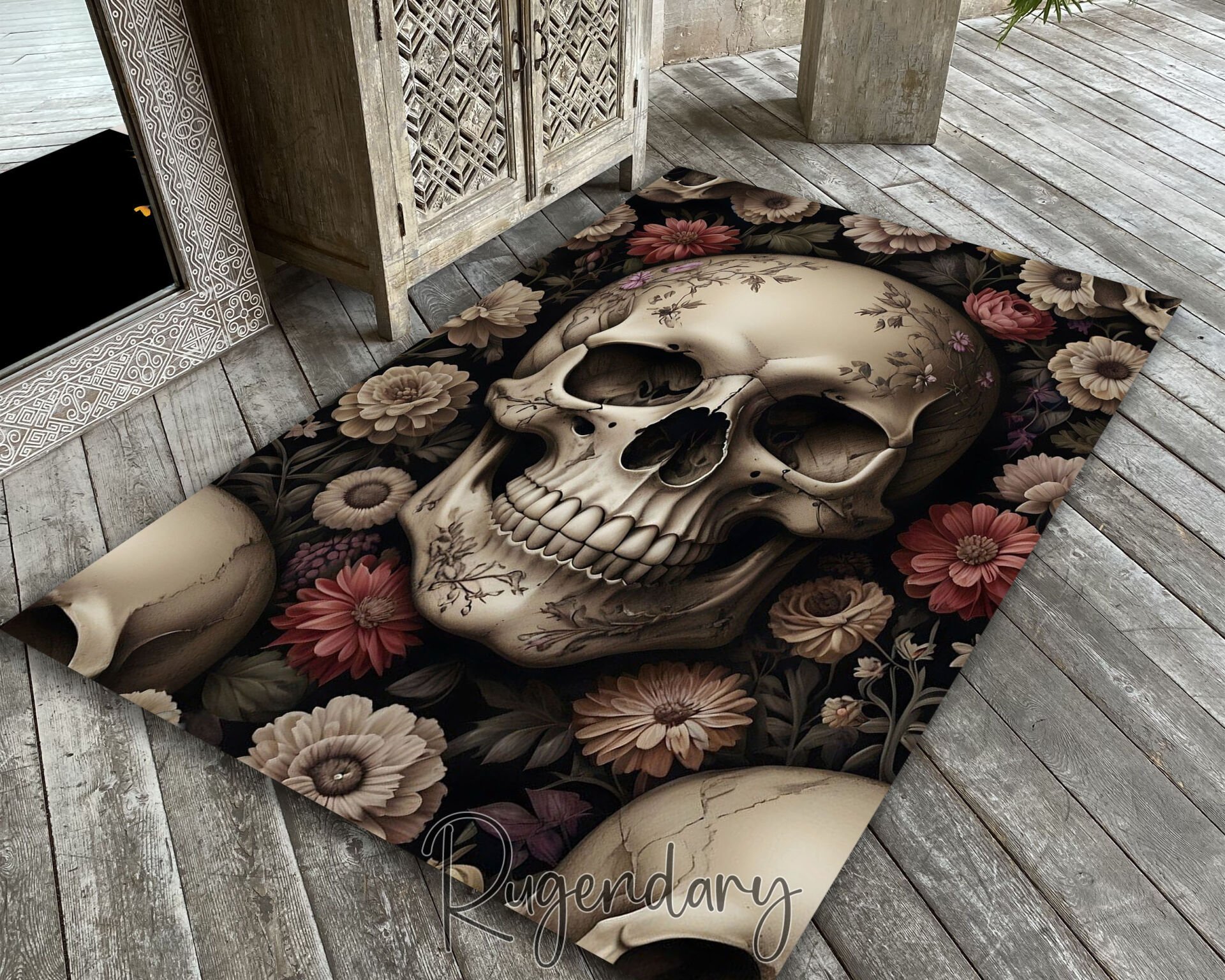Floral Gothic Skull Rug – Dark Romantic Alternative Floor Decor
