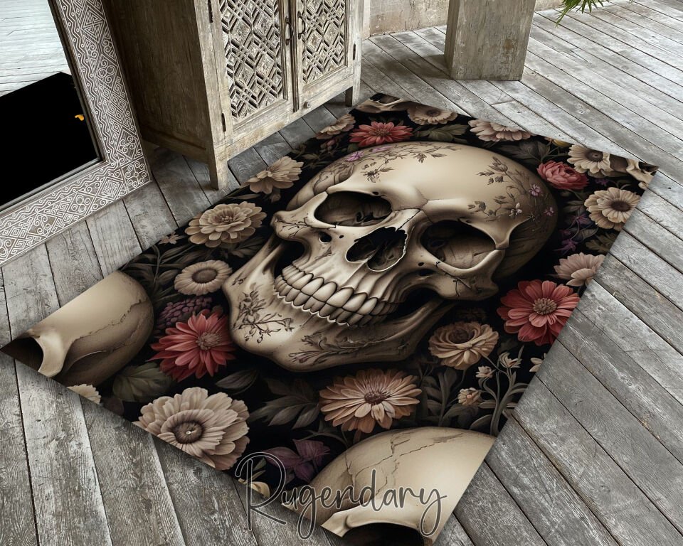Floral Gothic Skull Rug – Dark Romantic Alternative Floor Decor