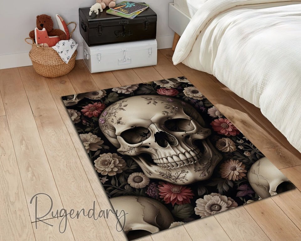 Floral Gothic Skull Rug – Dark Romantic Alternative Floor Decor