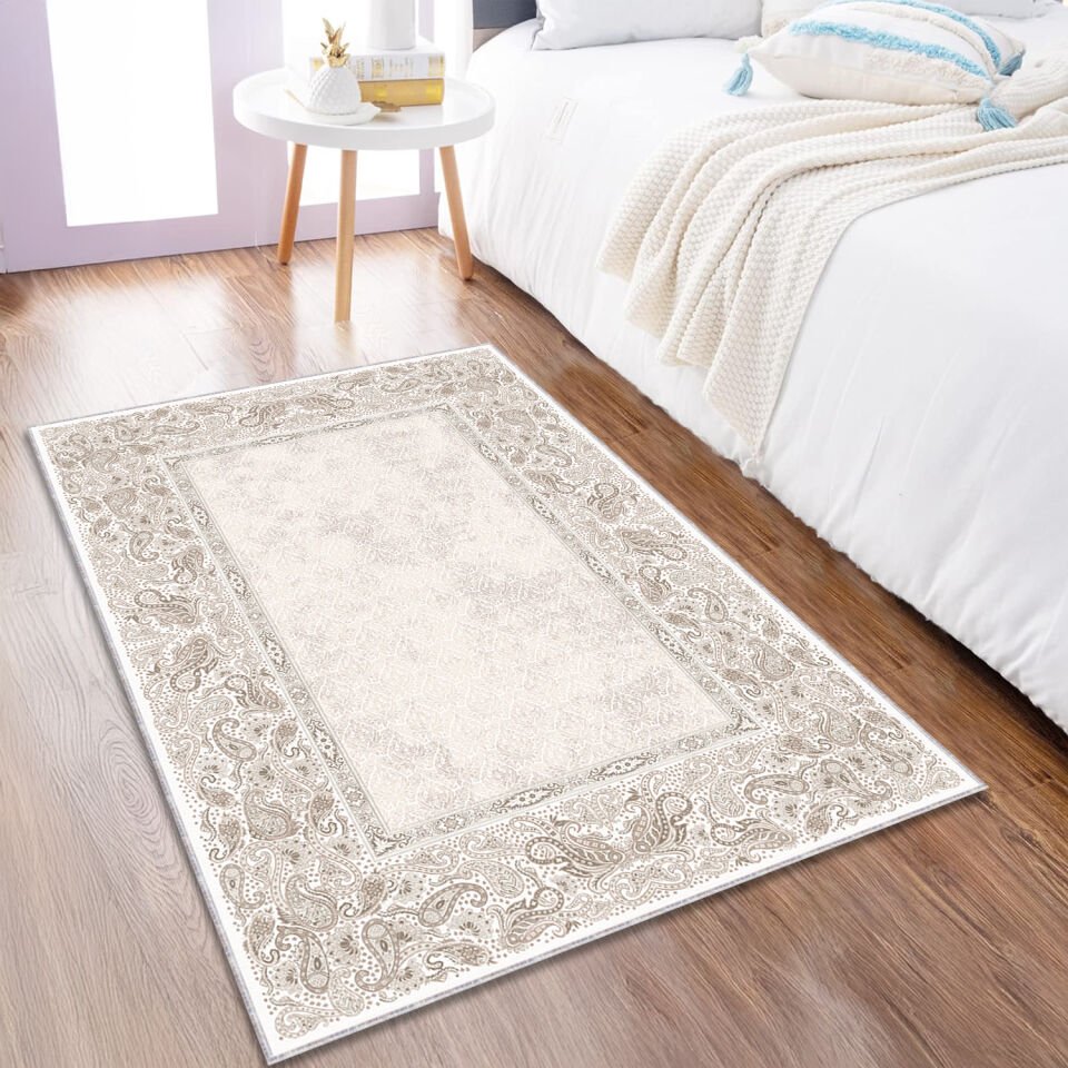Beige Paisley Border Rug – Classic Pattern Carpet for Living Room, Bedroom