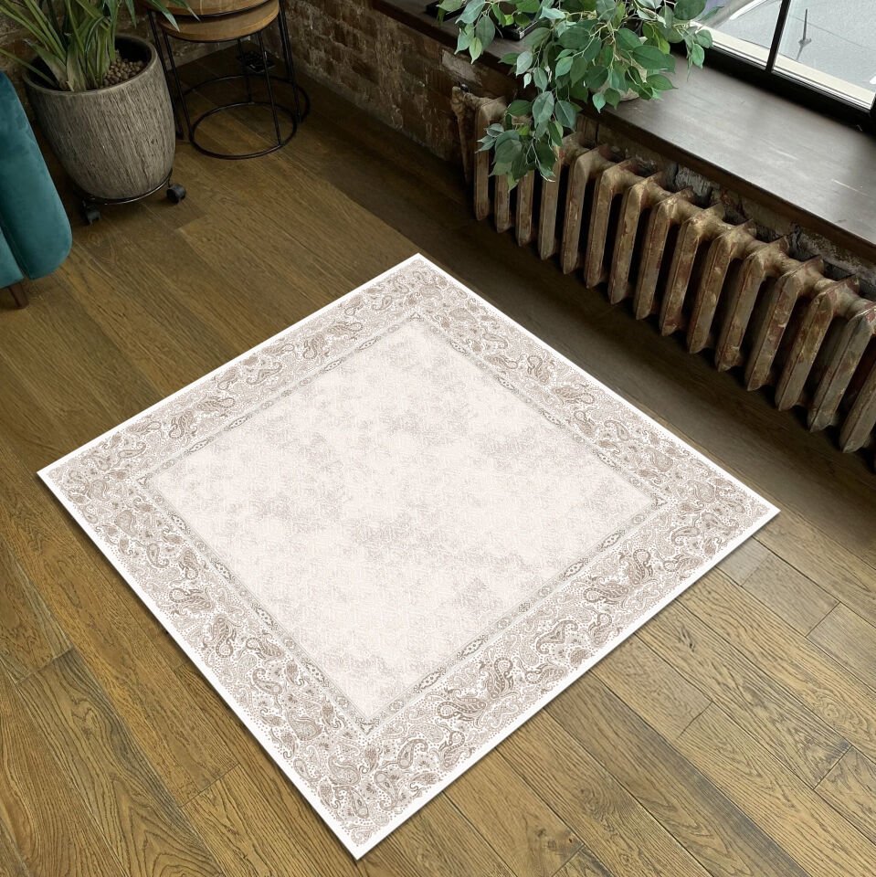 Beige Paisley Border Rug – Classic Pattern Carpet for Living Room, Bedroom
