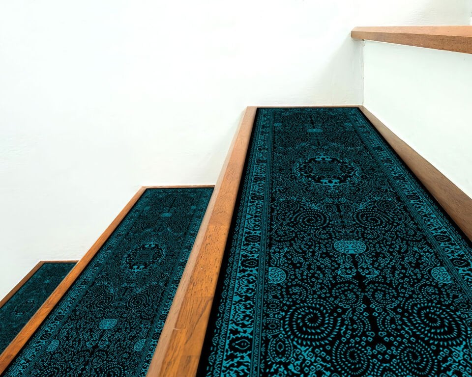 Elegant Teal Vintage Stair Treads – Classic Ornate Step Mats with Black Border
