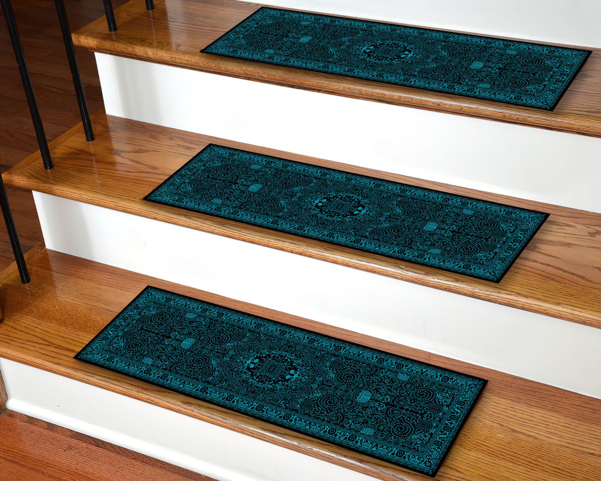 Elegant Teal Vintage Stair Treads – Classic Ornate Step Mats with Black Border