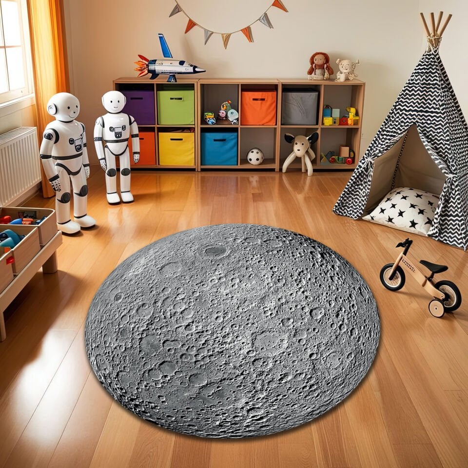 3D Moon Surface Kids Rug – Space Themed Round Carpet for Children's Room