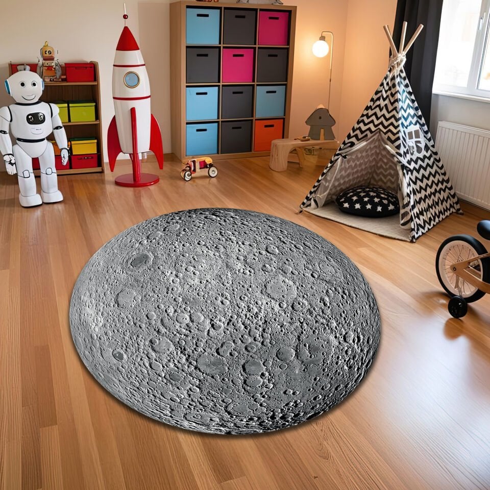 3D Moon Surface Kids Rug – Space Themed Round Carpet for Children's Room