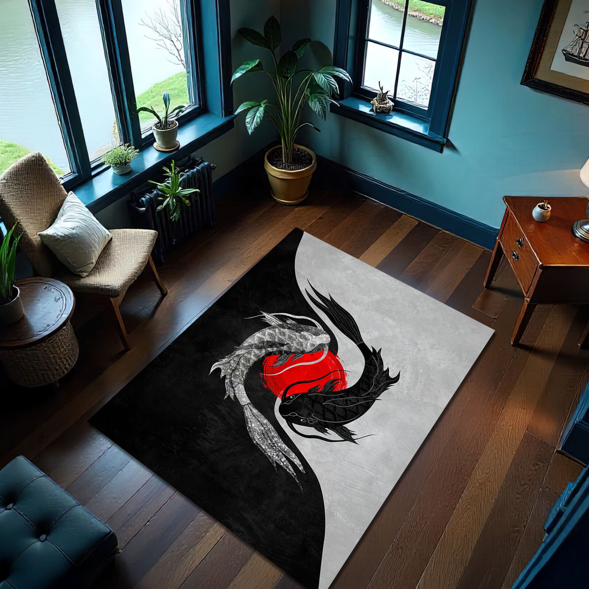 Yin Yang Koi Fish Area Rug – Black & White Artistic Floor Carpet