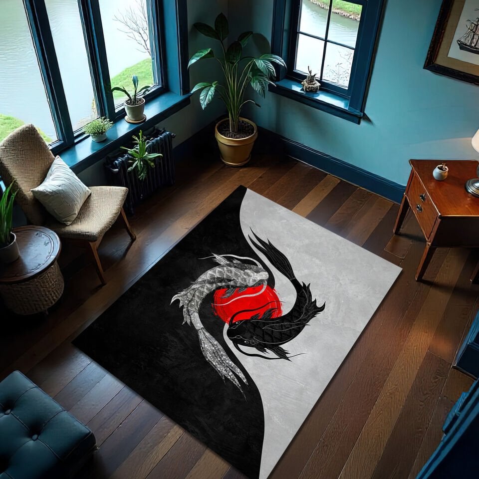Yin Yang Koi Fish Area Rug – Black & White Artistic Floor Carpet