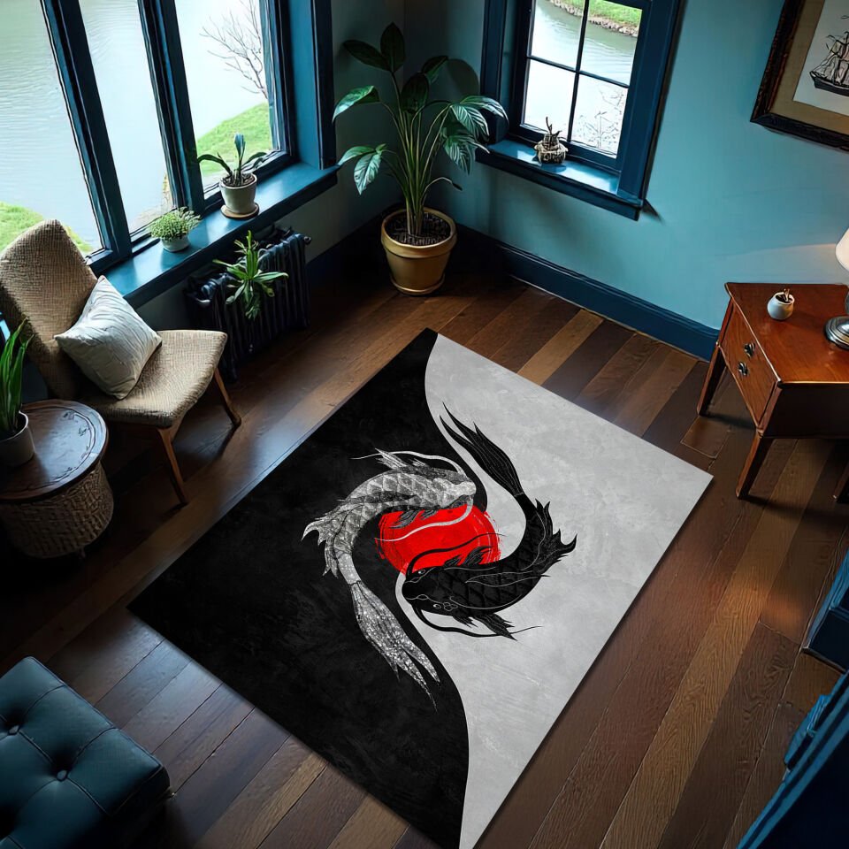 Yin Yang Koi Fish Area Rug – Black & White Artistic Floor Carpet