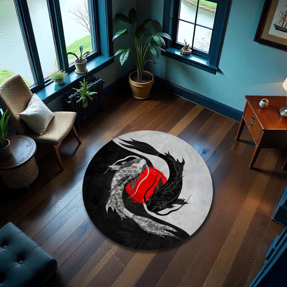 Yin Yang Koi Fish Area Rug – Black & White Artistic Floor Carpet