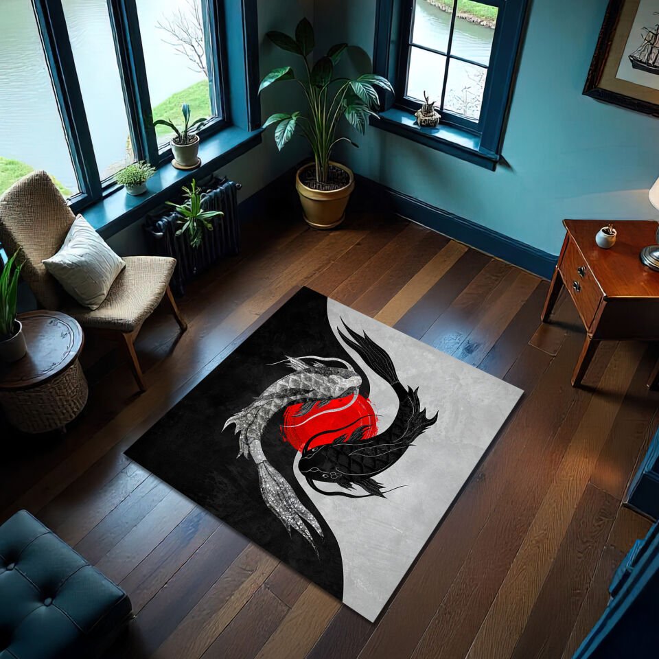 Yin Yang Koi Fish Area Rug – Black & White Artistic Floor Carpet