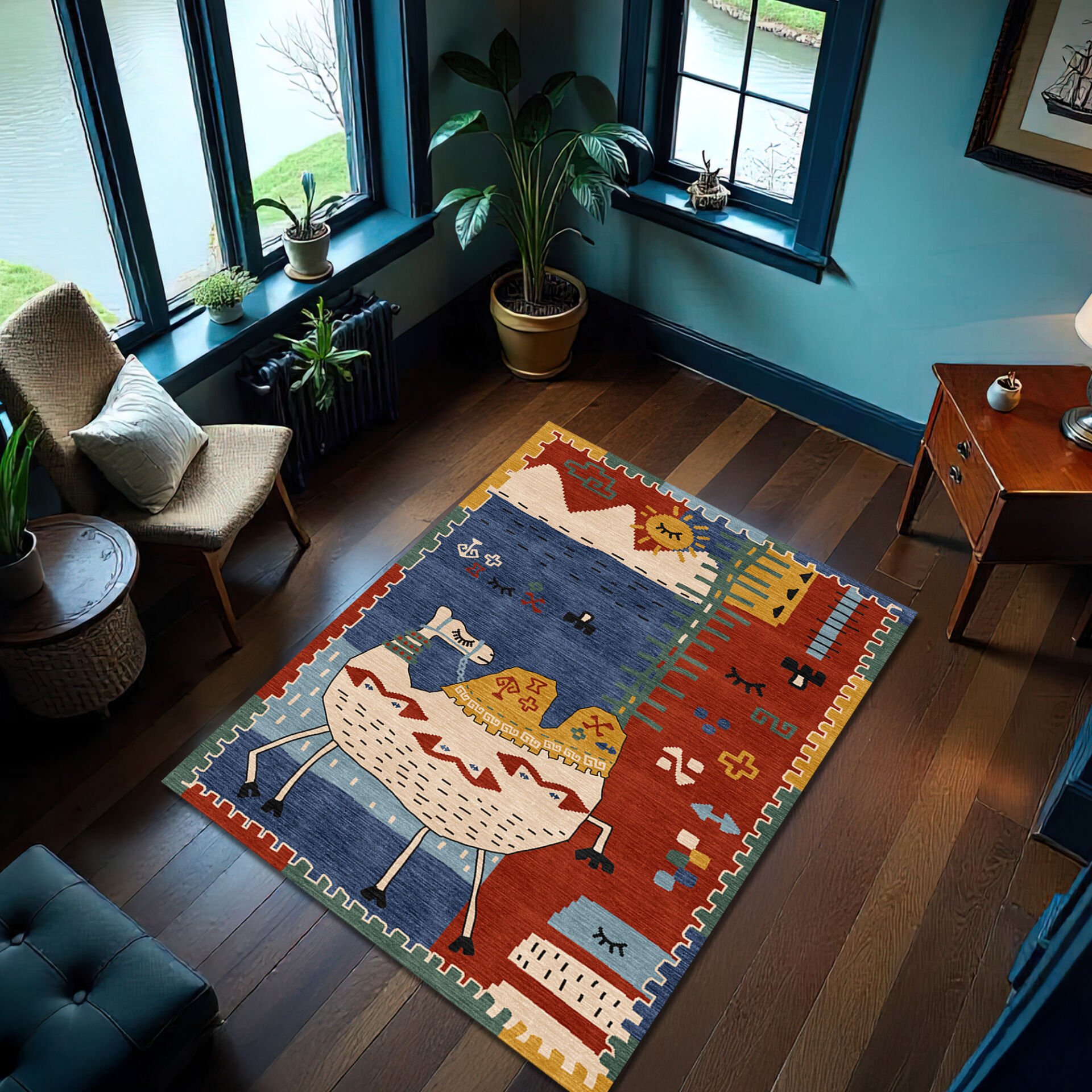 Boho Camel Rug – Rustic Blue and Red Kids Room Carpet