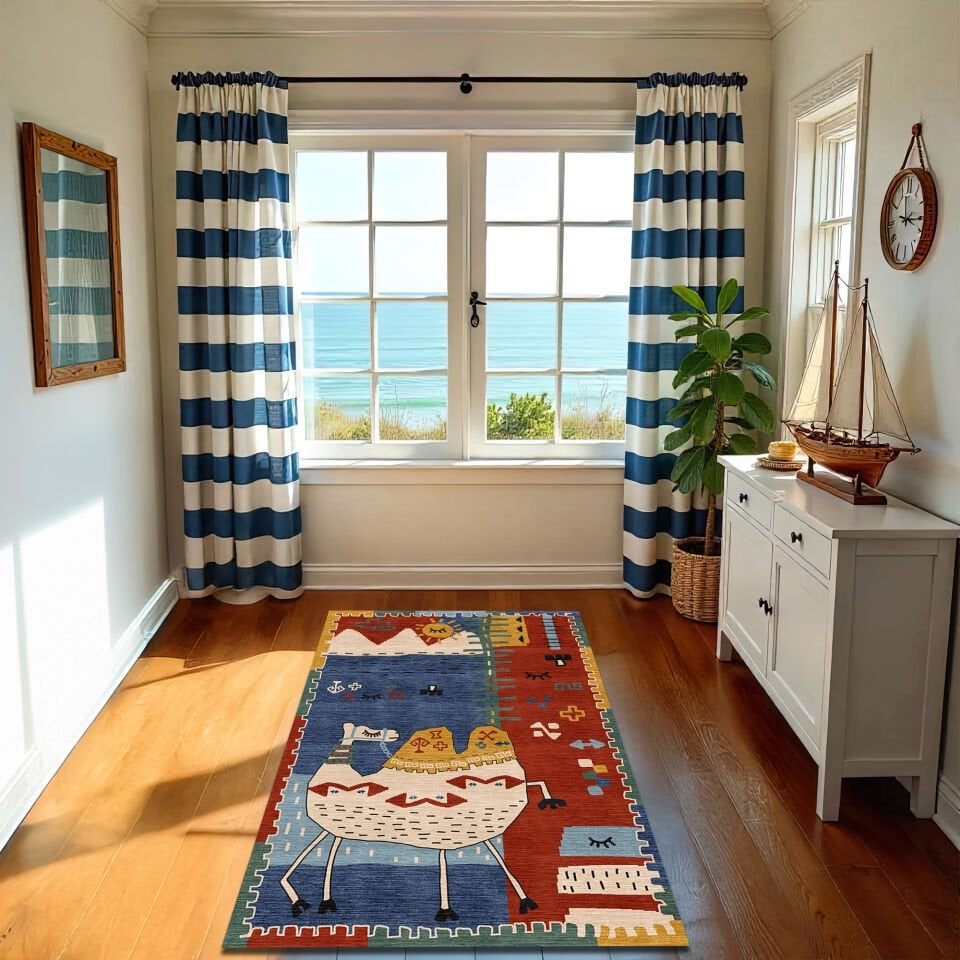 Boho Camel Rug – Rustic Blue and Red Kids Room Carpet