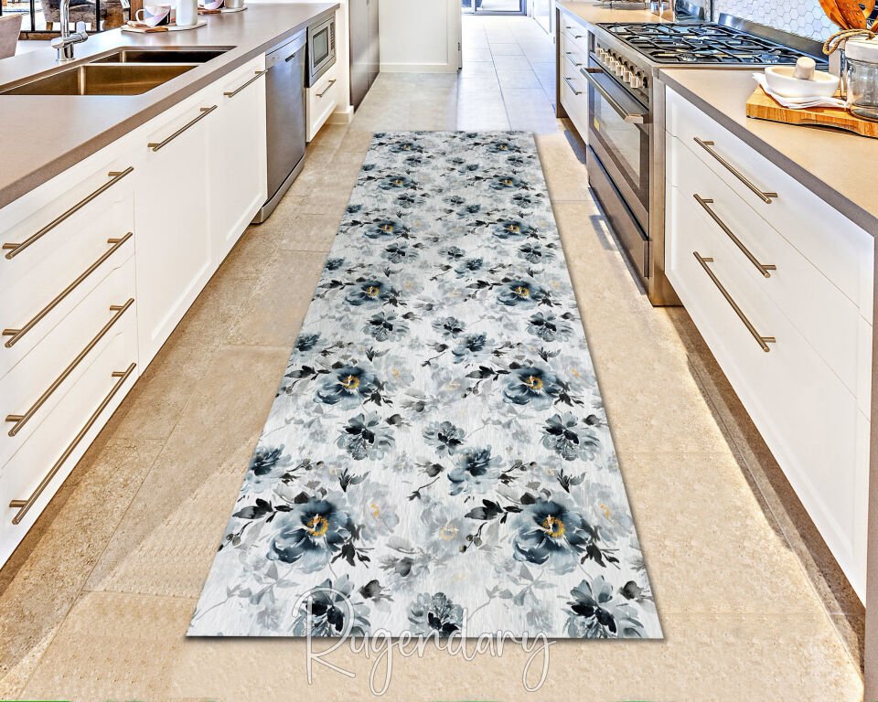 Elegant Blue Floral Runner Rug – Watercolor Design for Kitchen or Hallway