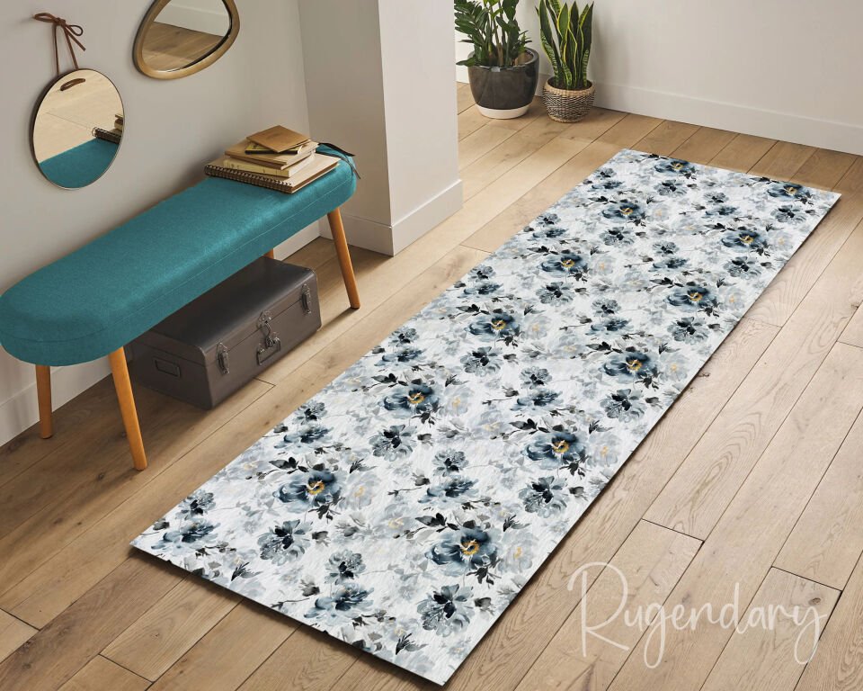 Elegant Blue Floral Runner Rug – Watercolor Design for Kitchen or Hallway