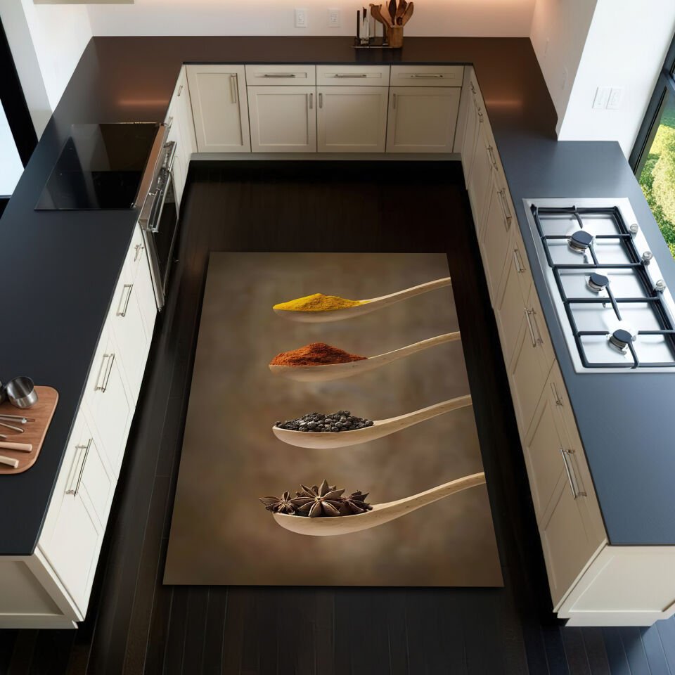 Kitchen Rug with Wooden Spoons and Spices Design – Cozy Cooking Mat