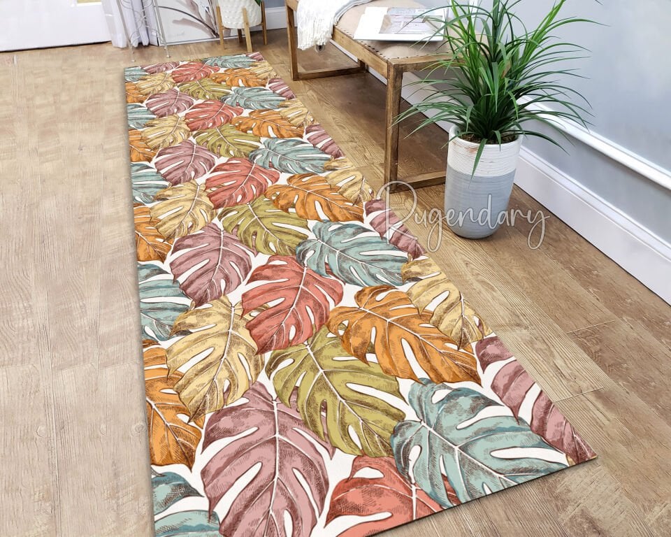 Tropical Leaf Kitchen Runner Rug – Colorful Monstera Pattern Long Carpet for Hallway & Cooking Space