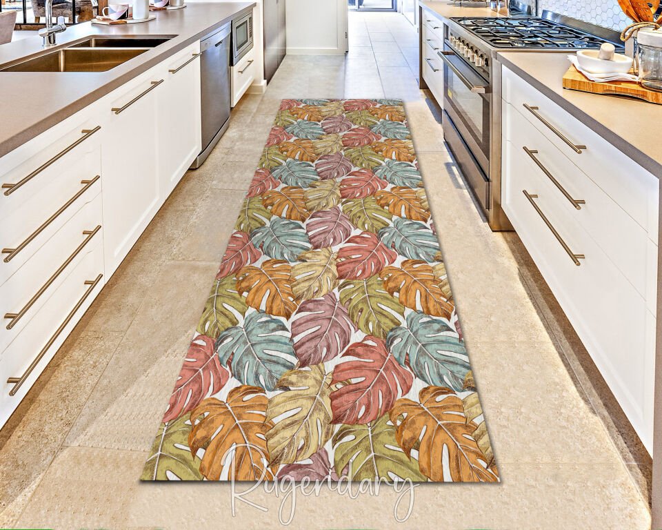 Tropical Leaf Kitchen Runner Rug – Colorful Monstera Pattern Long Carpet for Hallway & Cooking Space