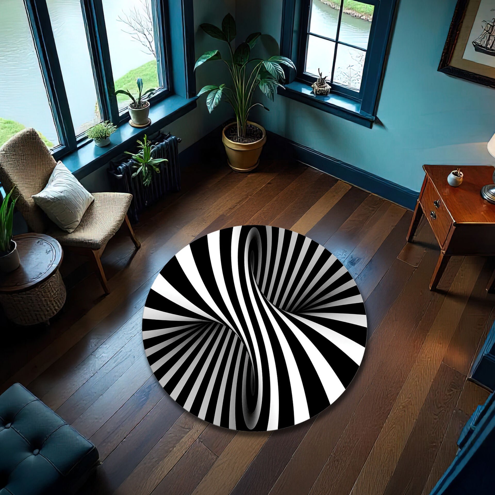 3D Optical Illusion Round Rug – Black and White Spiral Carpet