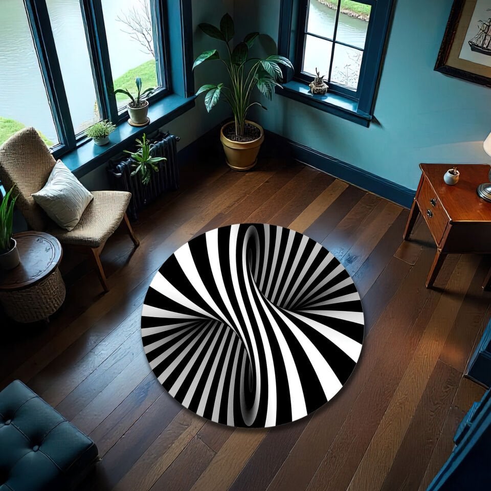 3D Optical Illusion Round Rug – Black and White Spiral Carpet