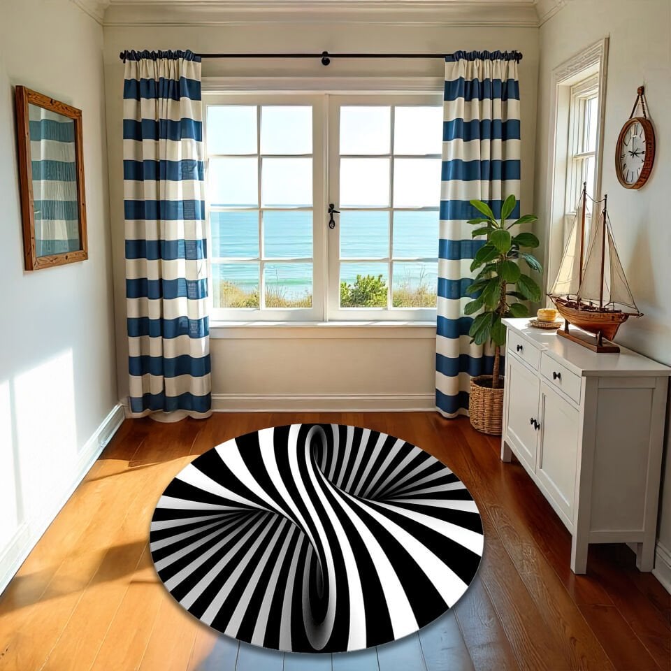 3D Optical Illusion Round Rug – Black and White Spiral Carpet
