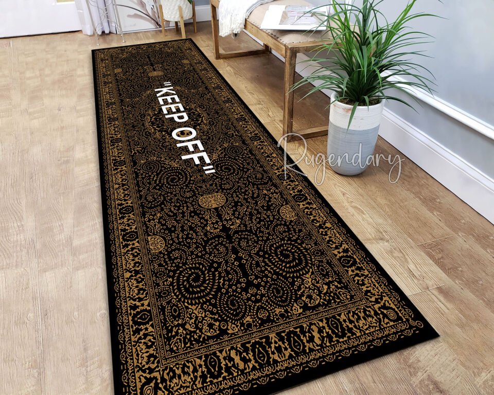 Dark Gold & Black Kitchen Runner Rug with ''KEEP OFF'' Quote – Modern Non-Slip Carpet