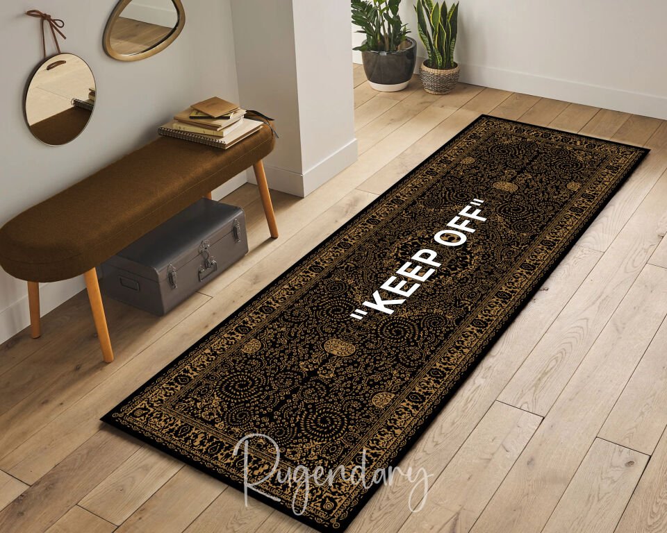 Dark Gold & Black Kitchen Runner Rug with ''KEEP OFF'' Quote – Modern Non-Slip Carpet