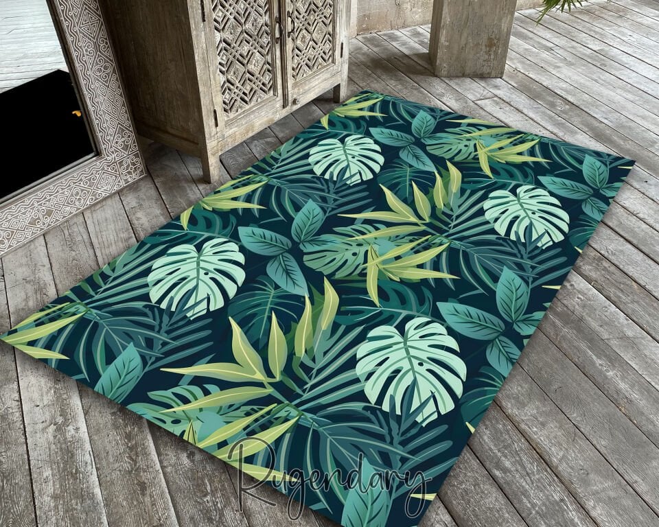 Tropical Leaf Living Room Rug – Modern Green Jungle Design