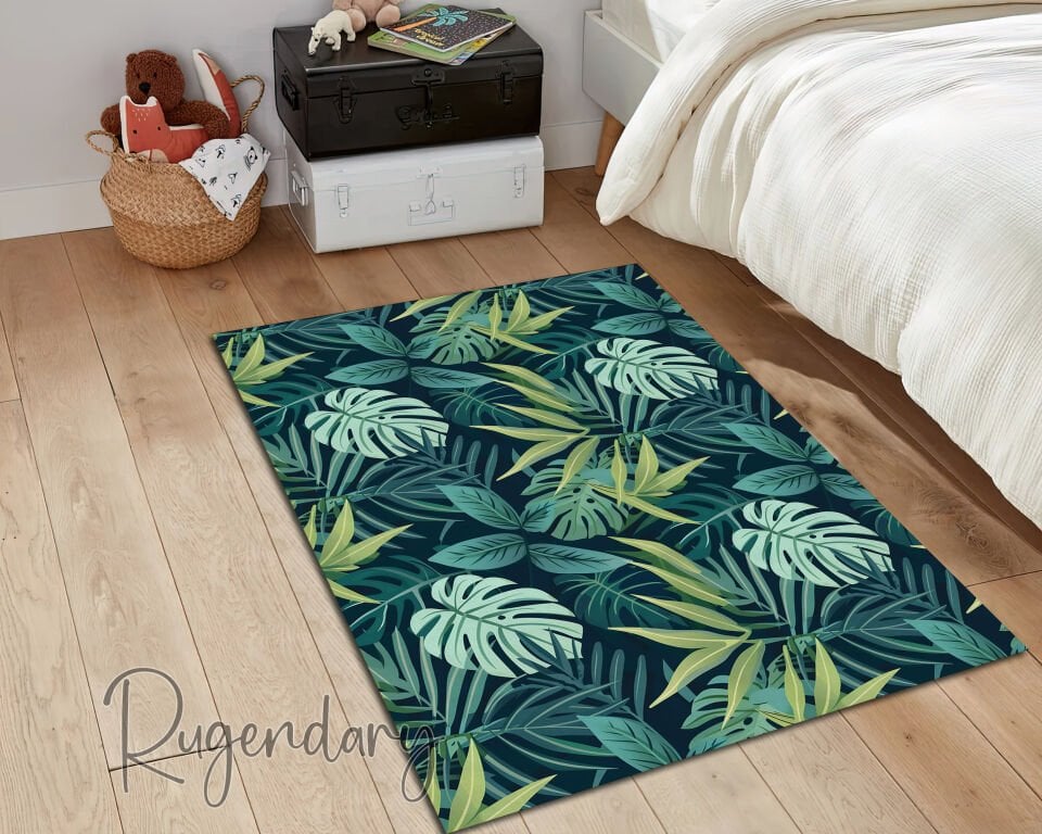 Tropical Leaf Living Room Rug – Modern Green Jungle Design