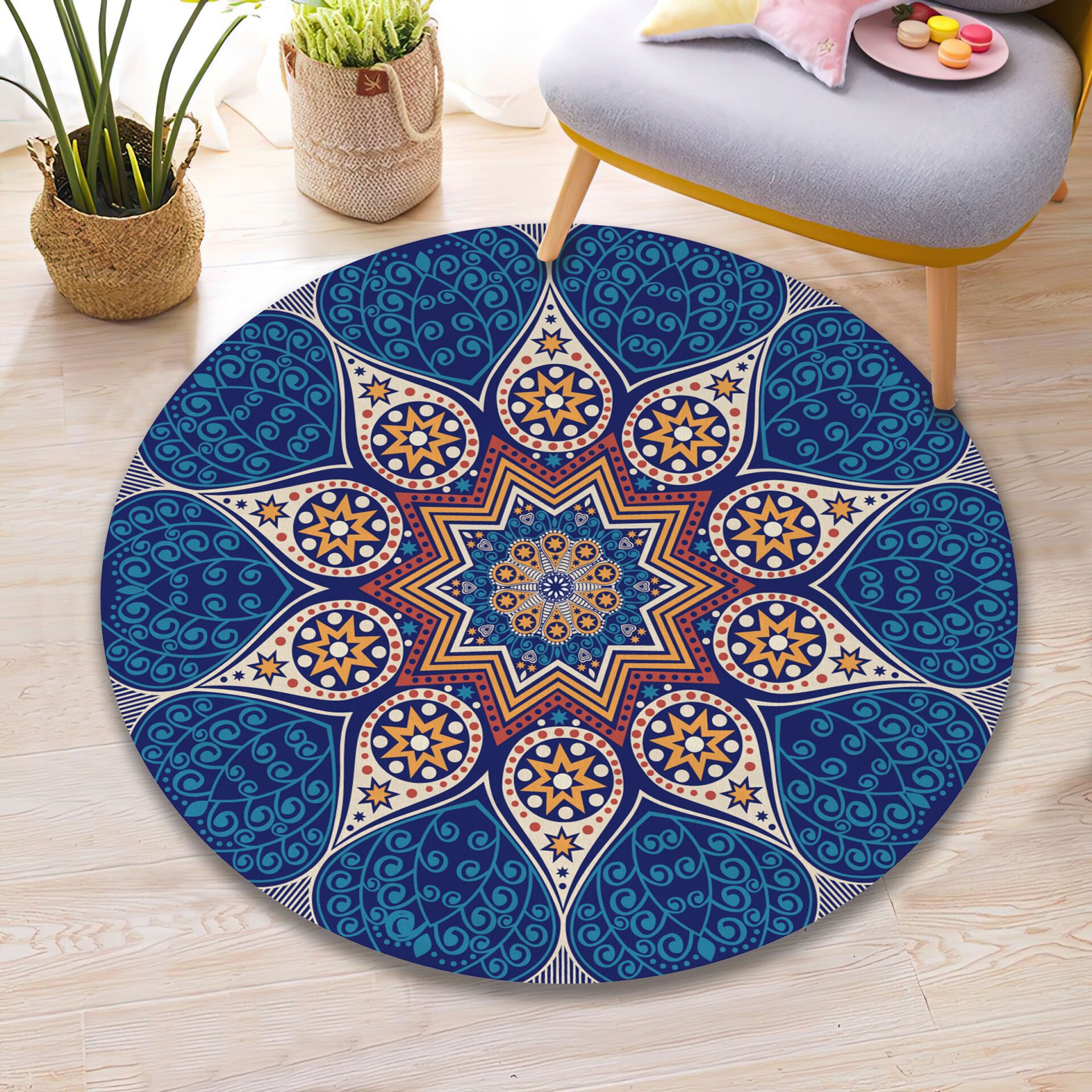 Blue Mandala Round Rug Boho Carpet with Gold Star Pattern for Living Room and Bedroom