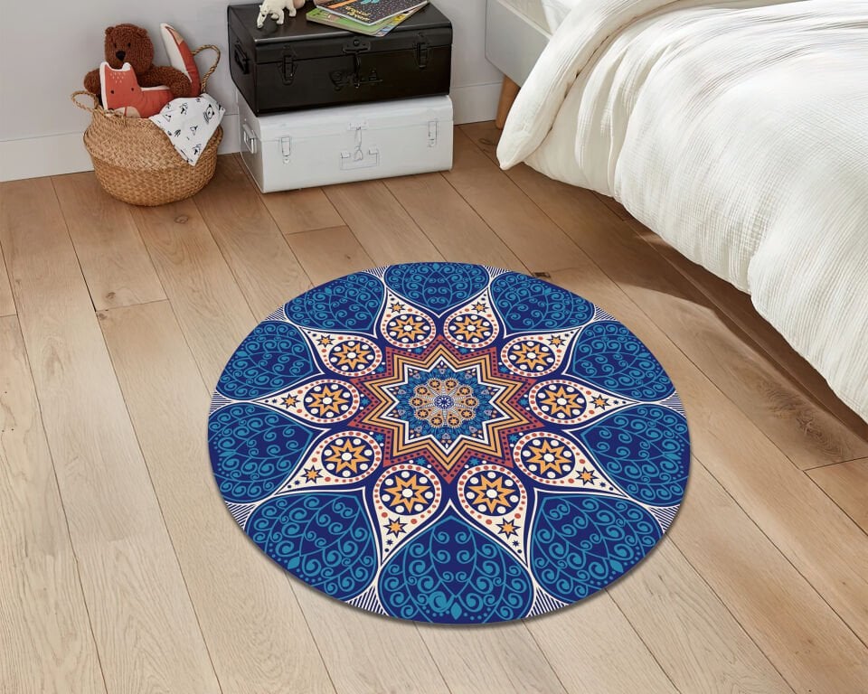 Blue Mandala Round Rug Boho Carpet with Gold Star Pattern for Living Room and Bedroom