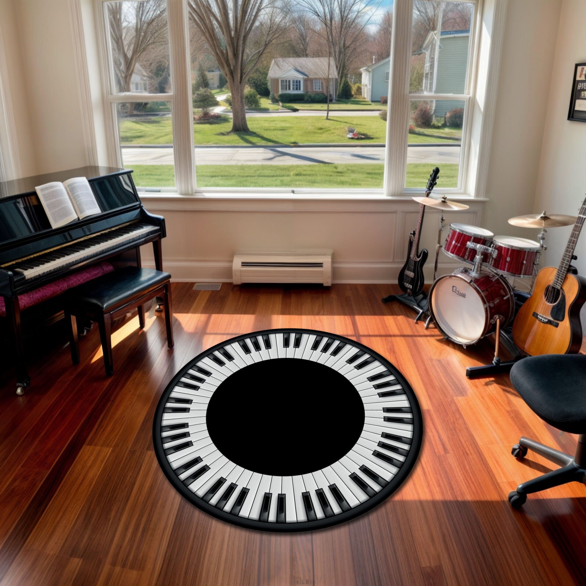 Classic Round Piano Rug – Black Center Music Room Carpet