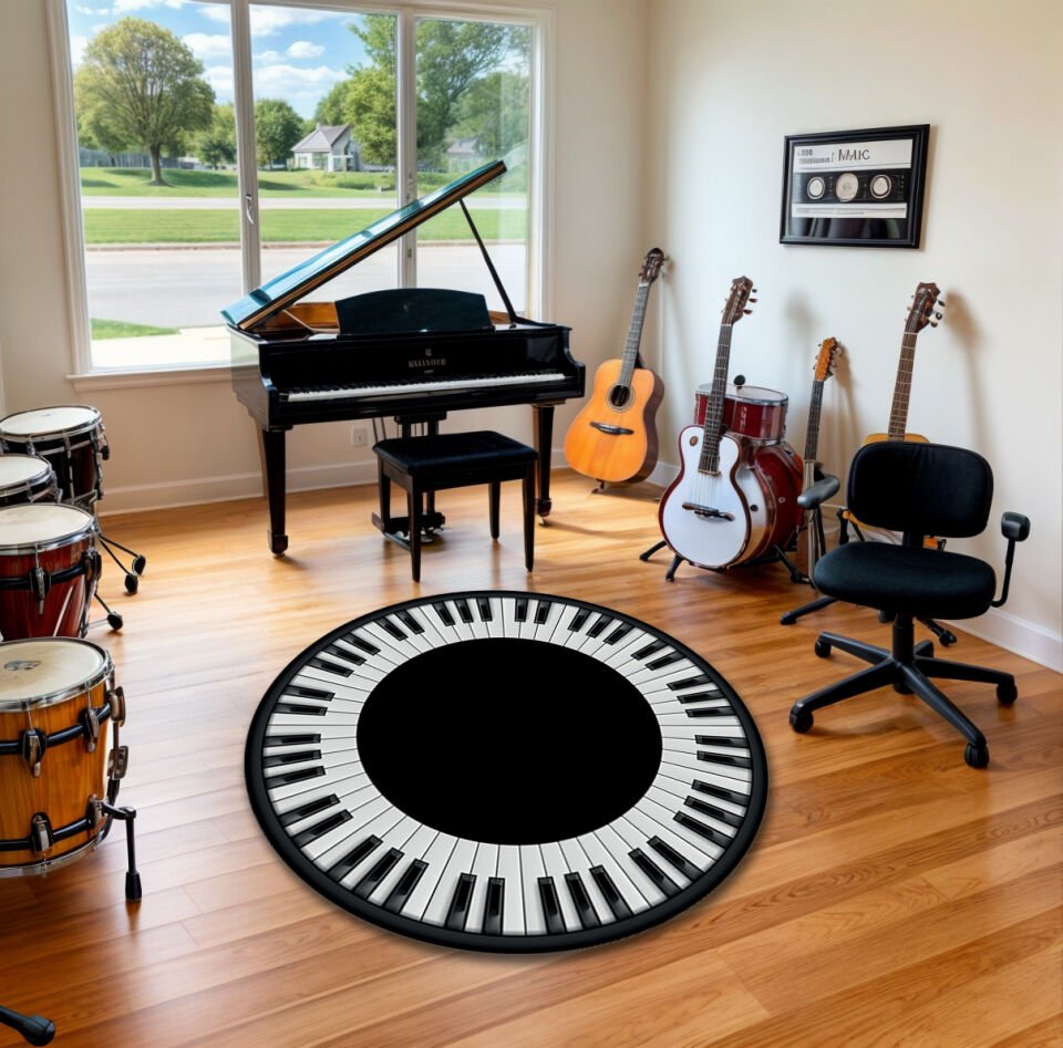 Classic Round Piano Rug – Black Center Music Room Carpet