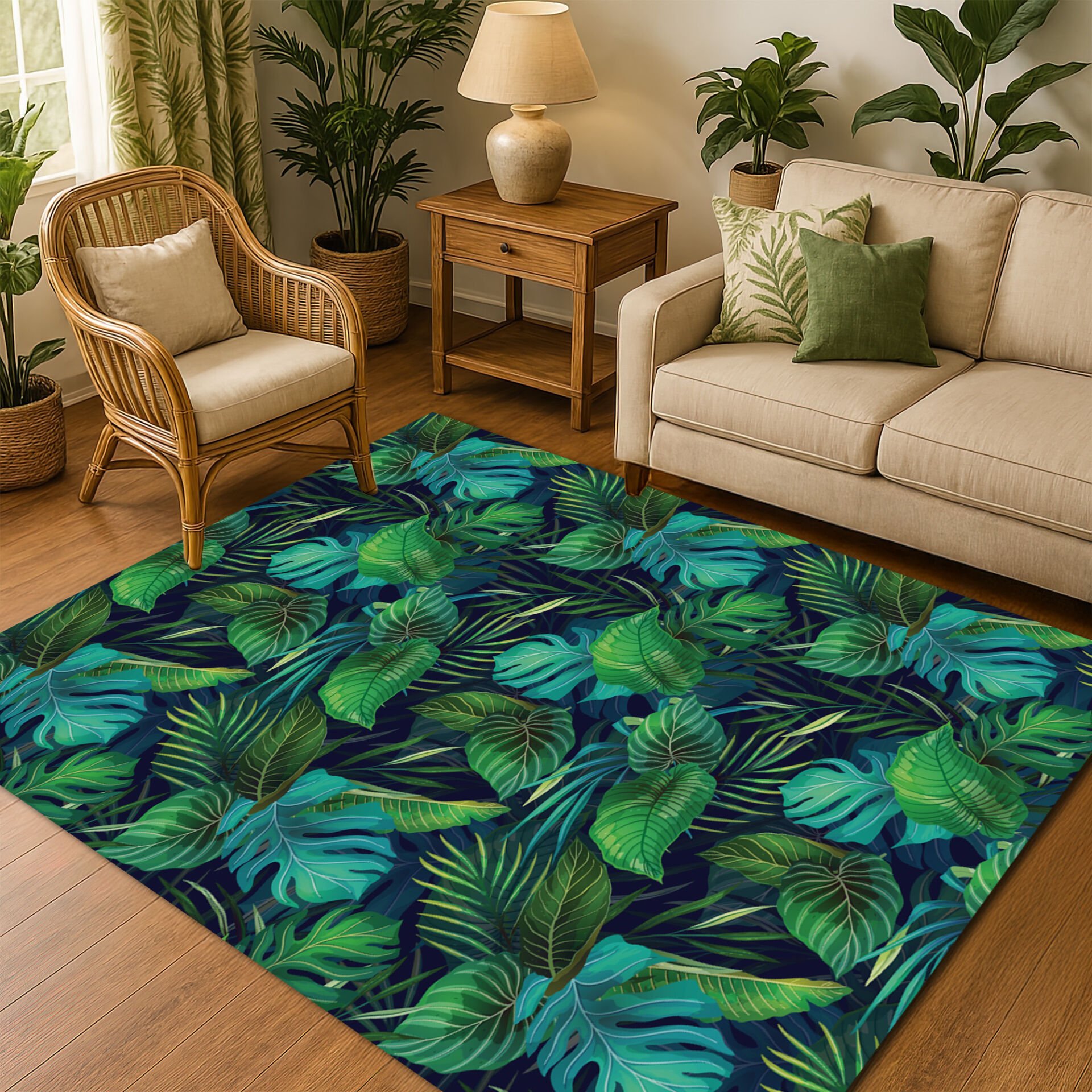 Vibrant Tropical Jungle Leaves Rug – Lush Green Botanical Floor Decor