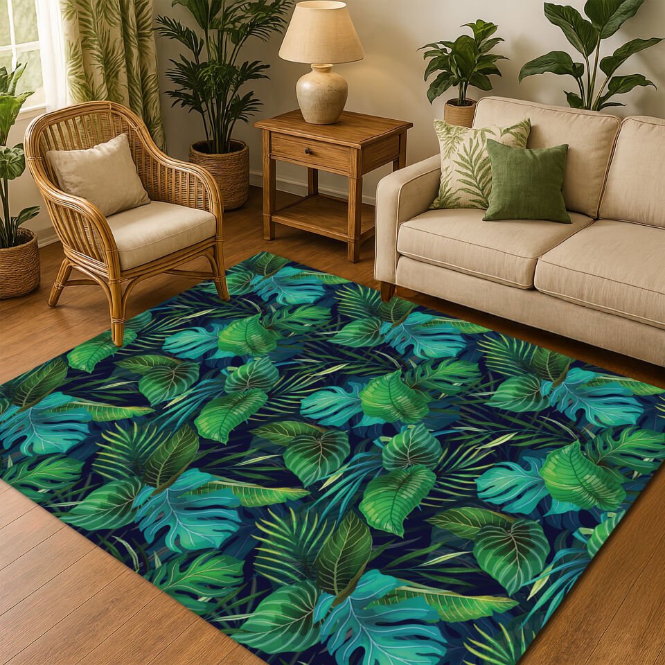 Vibrant Tropical Jungle Leaves Rug – Lush Green Botanical Floor Decor