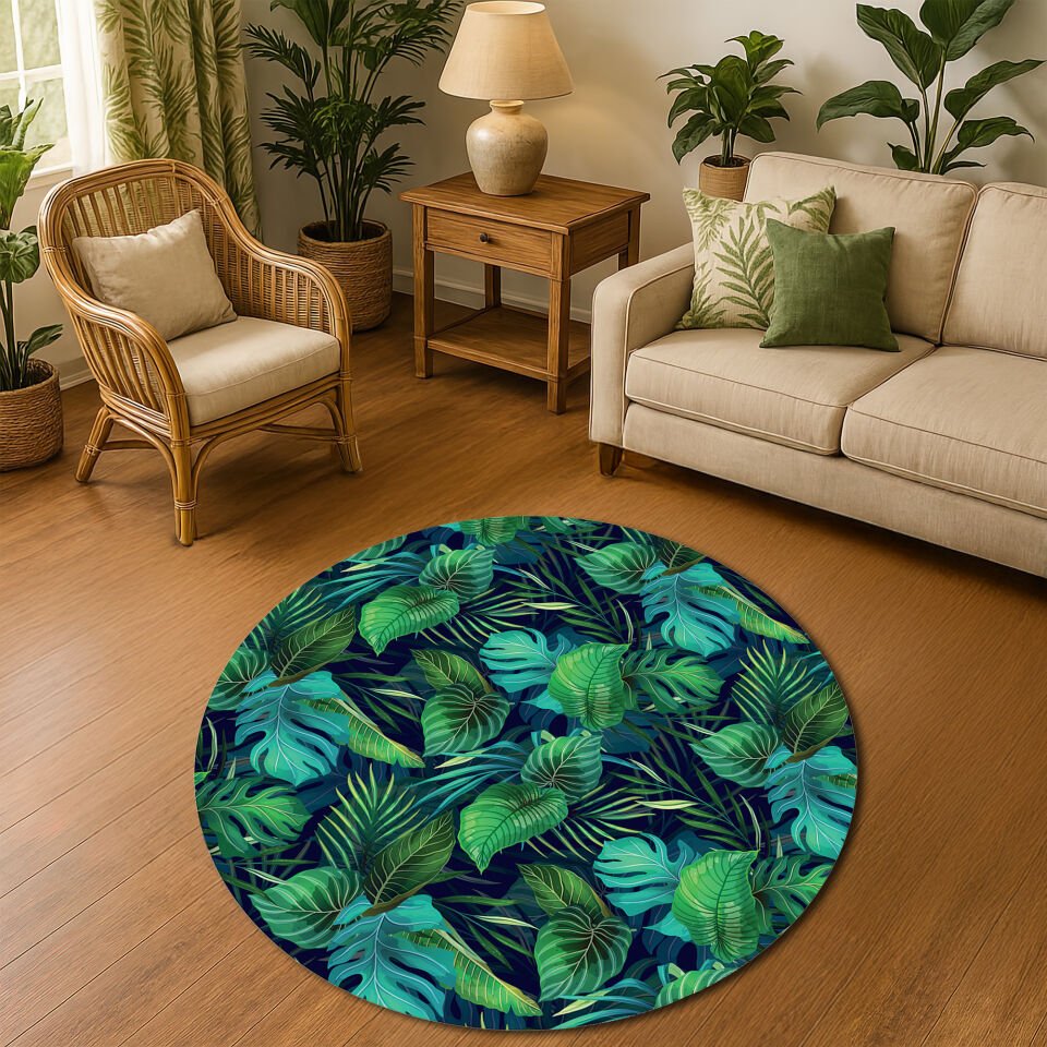 Vibrant Tropical Jungle Leaves Rug – Lush Green Botanical Floor Decor
