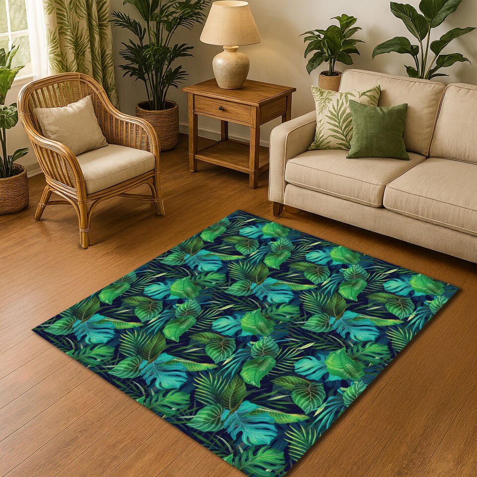 Vibrant Tropical Jungle Leaves Rug – Lush Green Botanical Floor Decor