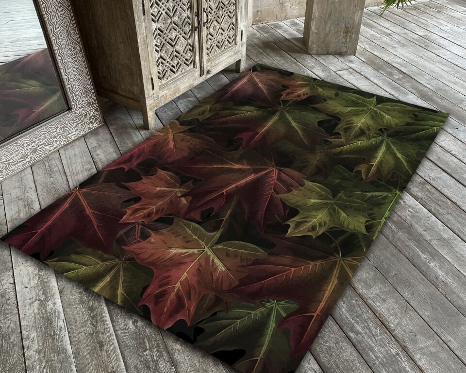 Autumn Leaves Rug Brown Green Red Nature Inspired Carpet for Living Room Bedroom Home Decor