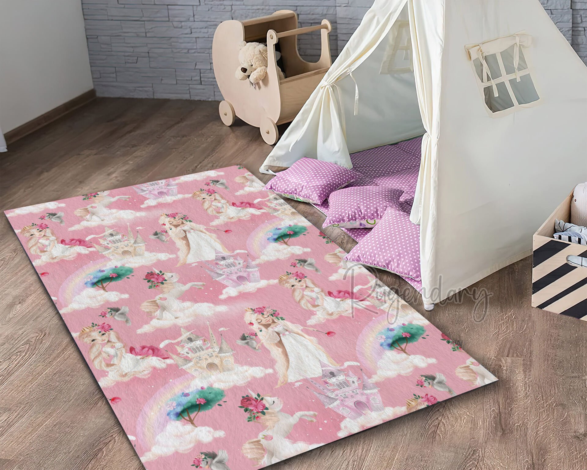 Princess & Unicorn Kids Room Rug – Pink Fairy Tale Castle Carpet