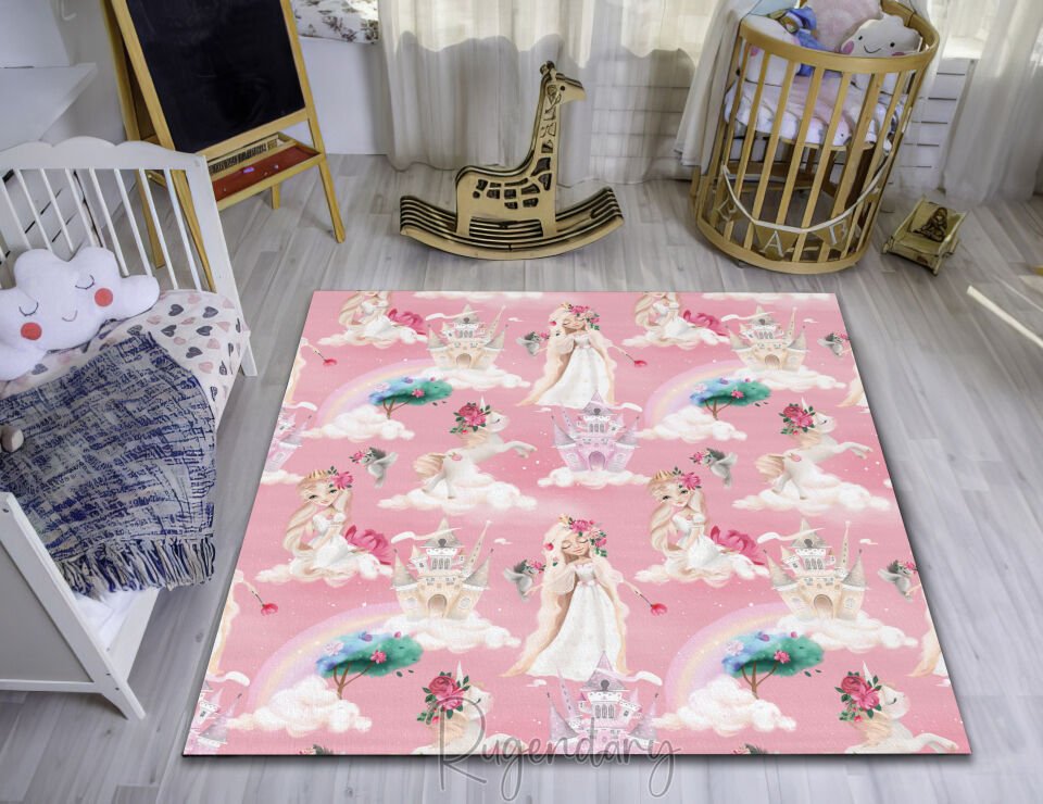 Princess & Unicorn Kids Room Rug – Pink Fairy Tale Castle Carpet
