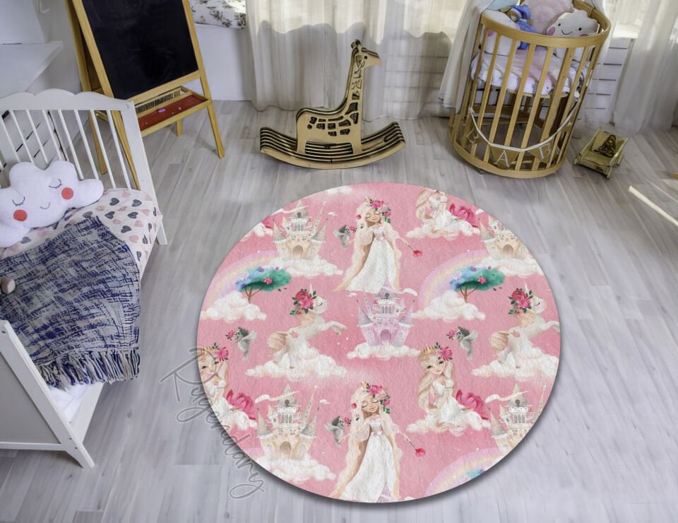 Princess & Unicorn Kids Room Rug – Pink Fairy Tale Castle Carpet