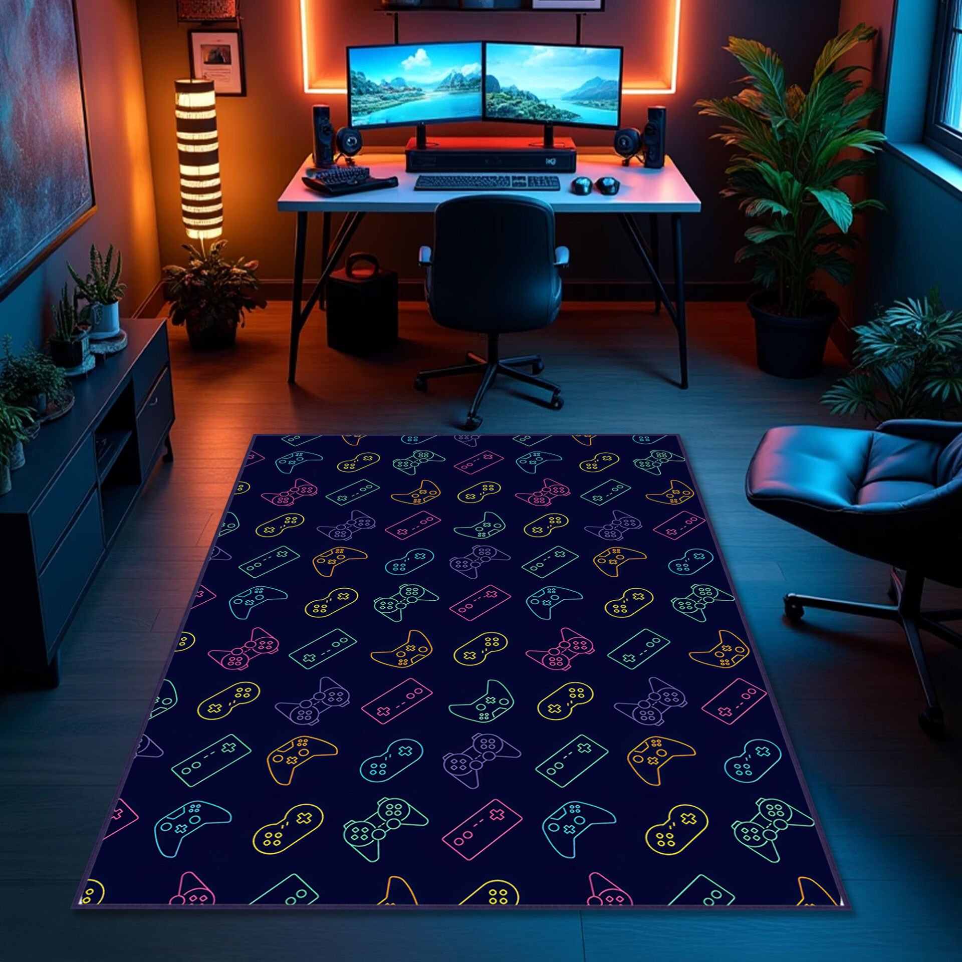 Neon Controller Pattern Rug – Dark Gamer Carpet with Colorful Gamepad Icons for Gaming Rooms