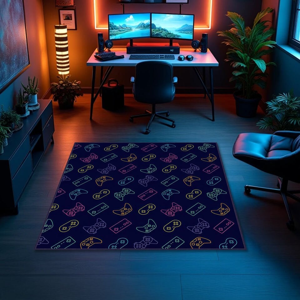 Neon Controller Pattern Rug – Dark Gamer Carpet with Colorful Gamepad Icons for Gaming Rooms