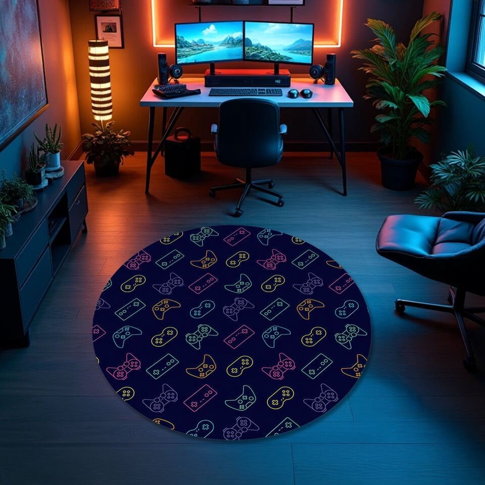 Neon Controller Pattern Rug – Dark Gamer Carpet with Colorful Gamepad Icons for Gaming Rooms