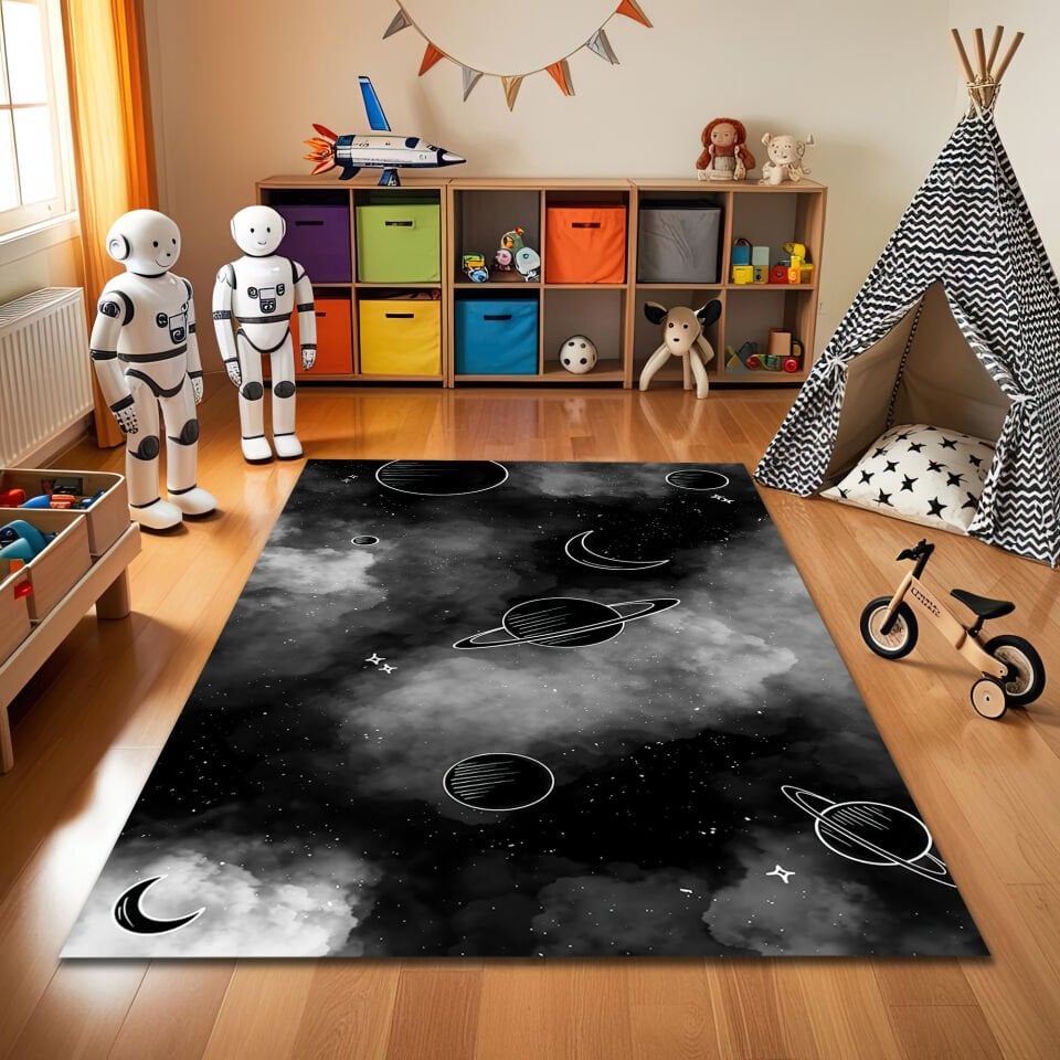 Galaxy Space Theme Kids Rug – Black & White Planet and Stars Carpet for Children’s Room