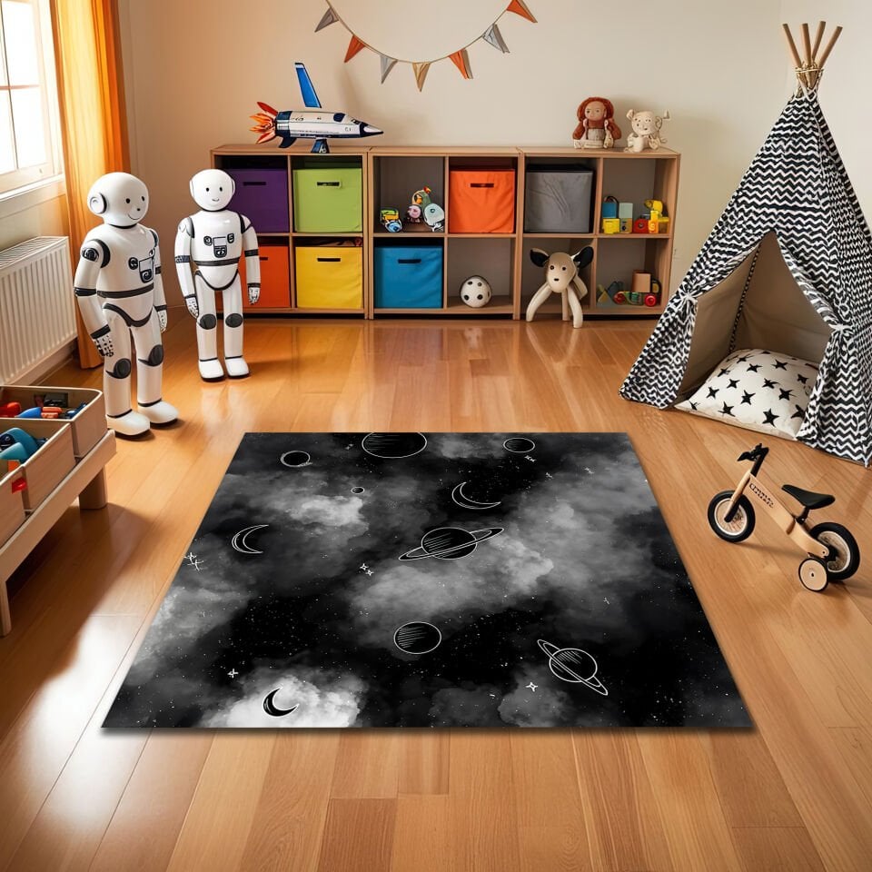 Galaxy Space Theme Kids Rug – Black & White Planet and Stars Carpet for Children’s Room