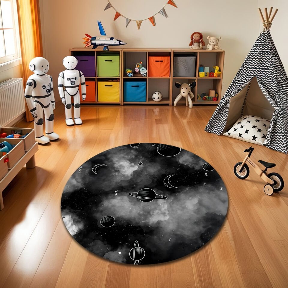 Galaxy Space Theme Kids Rug – Black & White Planet and Stars Carpet for Children’s Room