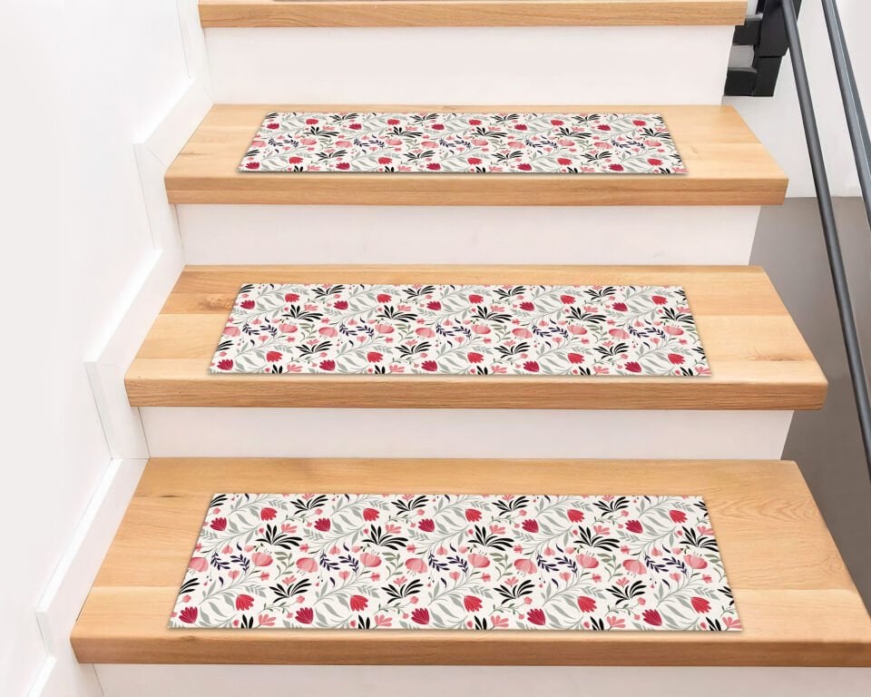 Elegant Floral Pattern Stair Treads – Soft Pink and Green Botanical Design