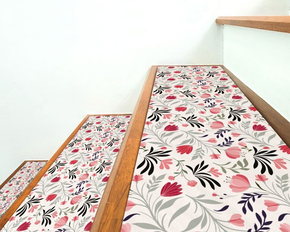 Elegant Floral Pattern Stair Treads – Soft Pink and Green Botanical Design